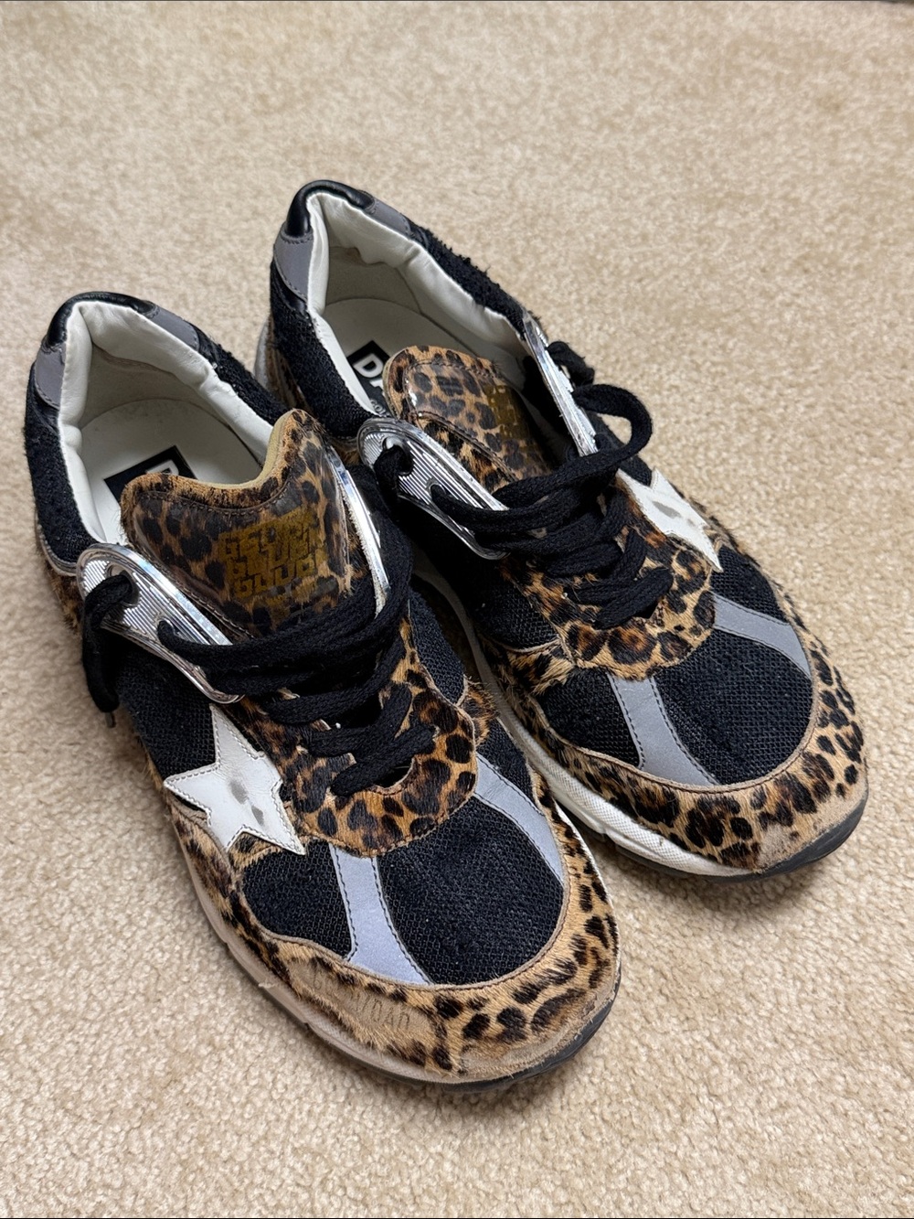 Golden Goose Dad-Star Sneakers Leopard Calf Hair Black Size 39 Distressed